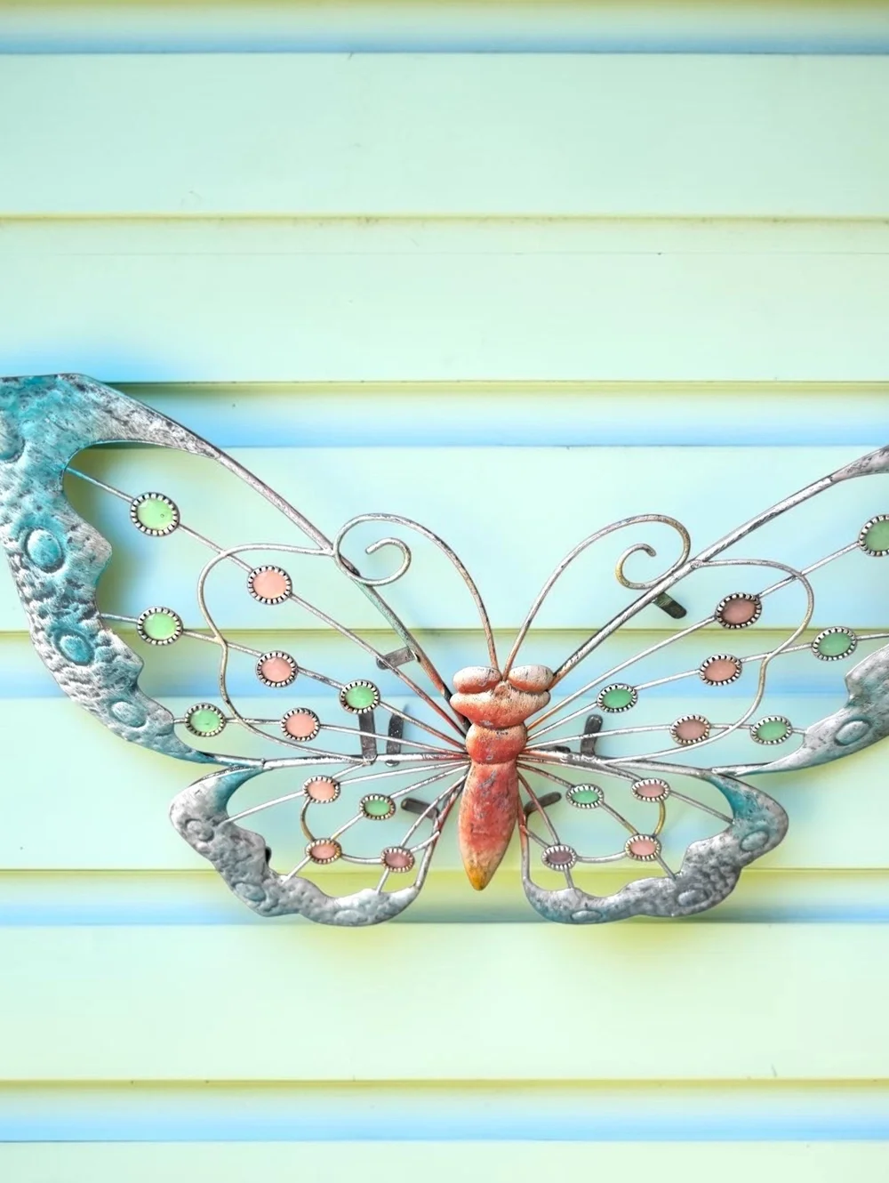 Large Metal Butterfly Wall Decor Turquoise Pink Jeweled Garden Art 30 Inch